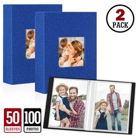 Lanpn Photo Albums 7x5 Pockets, Linen Slip in Top Loading Photo Album Holds 100 Portrait 13x18cm Pictures (Blue, 2 Packs)