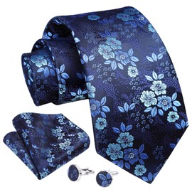 Enlision Mens Ties Navy Blue Floral Tie and Pocket Square Cufflinks Set Formal Necktie for Wedding Party Business