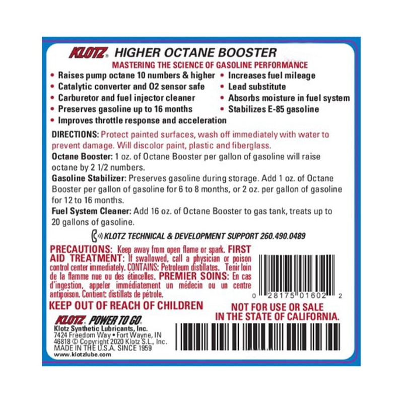 Klotz Higher Octane Booster, Multipurpose Fuel Additive for Gasoline
