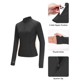 LUYAA Long Sleeve Black Workout Tops for Women Quarter Zip Pullover Athletic Golf Shirts Womens Fitness Clothing L