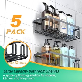 5 Pack Adhesive Shower Caddy Organizer for Bathroom, Kitchen & Home - Rustproof Stainless Steel Shelves with Hooks - Large Capacity - No Drill