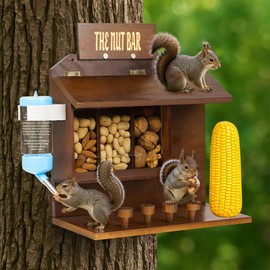 Squirrel Feeder Table with Water Bottle,Wooden Squirrel Picnic Table Feeder,5 Stable Squirrels Stool Bars,Corn Cobs Holder,The Nut Bar,10”x5”x11”, for Outside