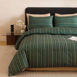 Pureant Green Striped Comforter Sets King Size Boho Emerald Geometric Bedding Comforters Women Men Olive Green and Beige Striped Bed Quilts Soft Modern Minimalist Army Bedding Durable