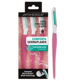 JAPONESQUE Dermaplaner with Soothing Aloe Comfort Strip - Skin Tool with Ultra Precision Blade for Facial Hair Removal and Exfoliation, 3pk.
