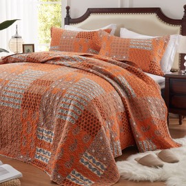 LEAONME 3 Pieces California King Size Quilt Set Burnt Orange Rust Oversized 120x120 Inch Bedspread Coverlet Lightweight Microfiber Paisley Bed Cover for All Seasons (1 Quilt, 2 Pillow Shams)