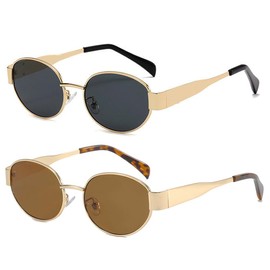 BAODAREN Trendy Retro Oval Sunglasses for Women Men Small Metal Frame Sun Glasses Ladies Shades BS1200 (Gold Grey&Gold Brown)