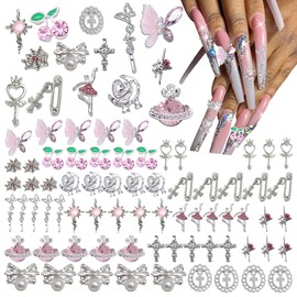 70PCS Silver Nail Charms,Y2K Nail Art Rhinestone Charms 3D Heart Bow Star with Rhinestones,Charms for Nails Design,Accessories Supplies (Silver Pink 1)
