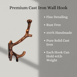AYZCORP Set of 3 Cast Iron Tree Branch Shape Coat Hooks Wall Art Decor-Branch Shape Hangers and Key Holder-Clothes Rack and Backpack Hanger-Coat Hooks Home Decor for Storage,Living (Copper Antique)