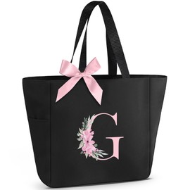 Vavabox Tote Bag, A-Z Initial Monogrammed Waterproof Tote Bag, Bridesmaid Gifts for Women, Black and Pink (G, Black)