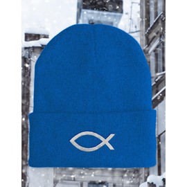 Mütze - christliches Symbol Fisch - Beanie One Size - Wintermütze Soft Touch - Spruchmütze bestickt - Farbauswahl - lustige Mütze, Farbe: Blau