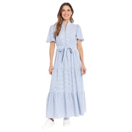 London Times Women's Dresses High Neck Ruffle Maxi Dress for Women | Breezy Vacation Summer Dresses for Women, Blue/White, 10