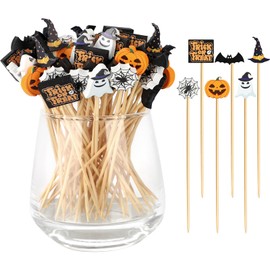 Halloween Cocktail Picks, 6 Styles Bamboo Halloween Theme Toothpicks for Appetizers Food Drinks Fruit - Pumpkin Ghost Spider Bat Hat, 4.7 IN Wood Charcuterie Skewers Sticks Party Supplies Decorations