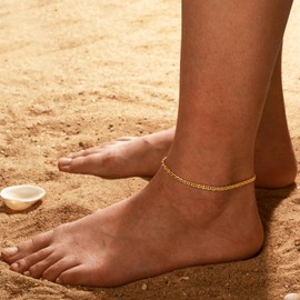 RLMOON Ankle Bracelets for Women Gold Anklets Waterproof Simple Dainty 14K Gold Plated Flat Marina Link Chain Anklet Boho Summer Beach Foot Jewelry