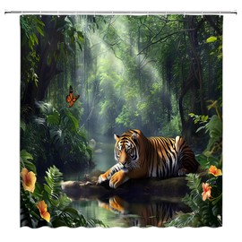 DSMEUE Rainforest Shower Curtain Green Forest Jungle Tiger Lake Floral Tree Tropical Plant Nature Scenery Landscape Summer Bathroom Decor Curtain with Hooks,70" Wx70 H