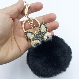 Unpafcxddyig Artificial Rabbit Fur Pom Pom Keychain Pearl Rhinestone Fox Head Keyring Bag Car Faux Fluffy Pendant,black