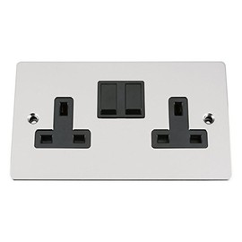 Wall Socket Double / 2 Gang - Polished Chrome Flat - Black Insert Plastic Switch - 13A Double Wall Plug Socket