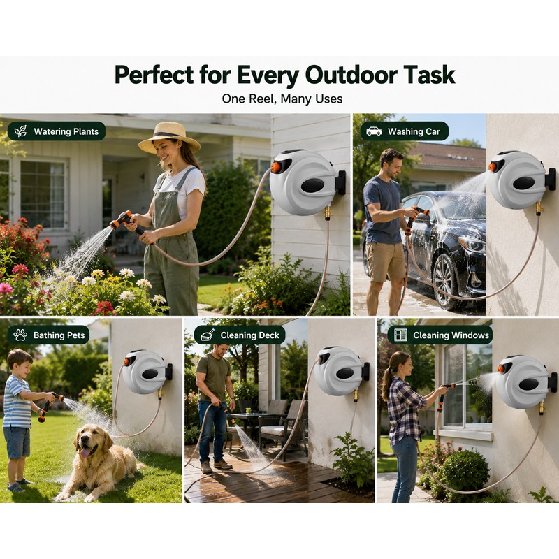 SucceBuy Retractable Garden Hose Reel 180° Swivel Bracket Wall-Mounted with