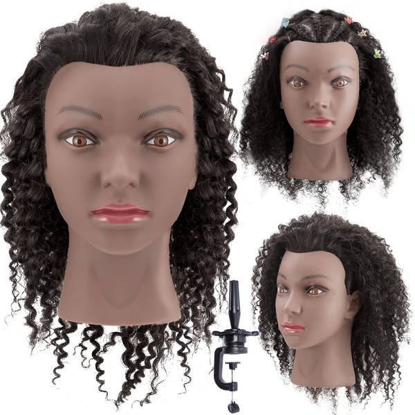 Stancia Mannequin Head with Hair, 100% Human Hair,22" Afro Training Head ,Hairdresser Training Head, Manikin Cosmetology Doll Head for Hair Styling and Practice(with Clamp Holder, Black)