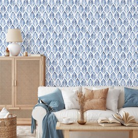 RUSPEPA Blue Leaf Peel and Stick Wallpaper, Watercolor Botanical Coastal Design, Self-Adhesive Waterproof Contact Paper for Accent Wall, Bedroom, Bathroom, Cabinet, Home Décor, 17.3 Inch x 6.5 Feet