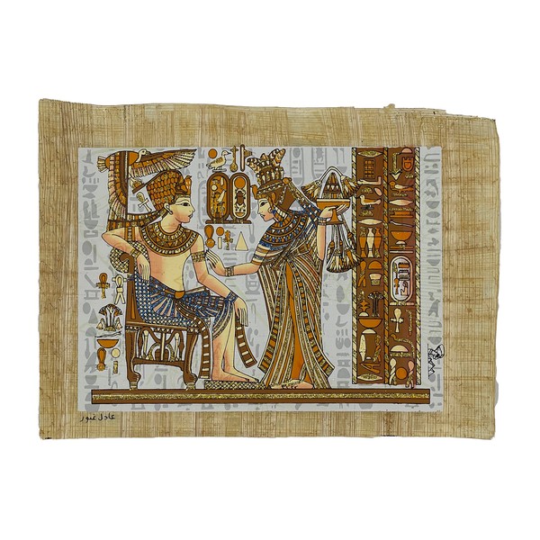 Egyptian Handmade Papyrus - Size: approx. 20 x 30 cm - Natural Vintage Edges - Photoluminescent Background - Artistic Style: Ancient Egypt -Am Best Suitable For: Decoration Motif No.077