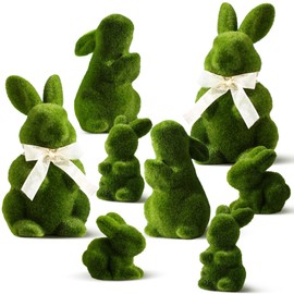 Wesiti 8 Pcs Easter Bunny Decor Green Moss Bunny Figurine with Bowtie Easter Furry Flocked Rabbit Easter Statue Artificial Rabbit Ornament for Table Centerpieces Outdoor Garden Easter Party Gift