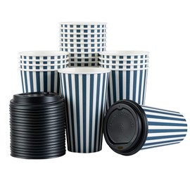16 Ounce Disposable Coffee Cups With Lids, 400 Hot Cups With Lids - Sleeves Sold Separately, Single Wall, Blue And White Stripe Paper Coffee Cups, For All Kinds Of Beverages - Restaurantware