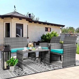 Shintenchi 4 Piece Patio Ratten Set Outdoor Furniture Set Wicker Conversation Set with Cushions and Tempered Glass Tabletop,Blue