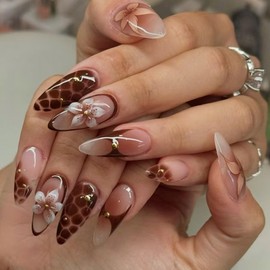 24 PCS Brown Flower Medium Press-on False Nails Wearable Pearl Fake Nails Gifts for Women and Girls (No.37)