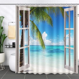 MEHOFOND Summer Beach Shower Curtain Tropical Island Palm Trees Ocean White Wooden Windows Waterproof Polyester Balcony Seascape Shower Curtain Set with Hooks Bathroom Decoration 72"x72"