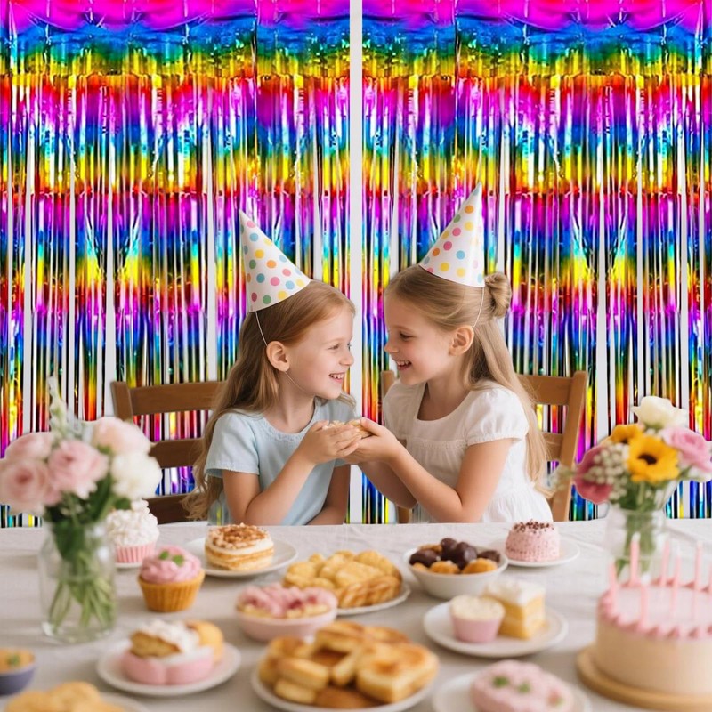 Wqafe 2PCs Rainbow Glitter Tinsel Curtains 3.2x6.5ft Foil Iridescent Curtain