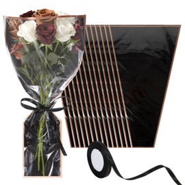Jaarssho 50 PCS Flower Bags for Bouquets Wrap, 17.1 x 11 x 3.5 in Clear Plastic Floral Sleeves for Bouquet, Gold Border Ribbon Flower Bar Supplies, Gifts on Graduation Wedding Floral Display (Black)