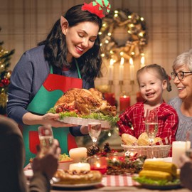 ROSEMO 3 Pack Christmas Elf Apron Set, Include Apron & Elf Hat Headband & Elf Ears, Waterproof Kitchen Apron for Adult Xmas Family Dinner Baking Cooking BBQ Grilling Party, Christmas Chef Gift