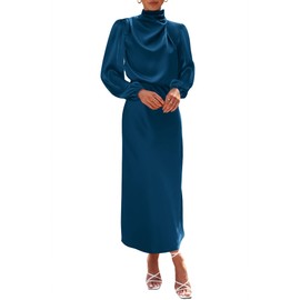BTFBM Women's Mock Neck Satin Dress Elegant Long Sleeve Elastic High Waist Formal Wedding Cocktail Party Maxi Dresses(Solid Dark Blue, Medium)
