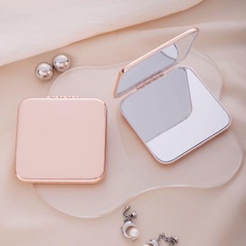Folding Mini Double Sided Travel Makeup Pocket Mirror, Stainless Steel Ultra Slim for Personal Magnifying Compact Mirror for Women Home Office Travel (Rose Gold)