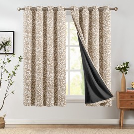 JINCHAN 100% Blackout Curtains for Bedroom, Taupe Scroll Floral Patterned Curtains 63 Inch Length for Living Room, Farmhouse Vintage Art Deco Drapes, Thermal Insulated Window Curtains Grommet 2 Panels
