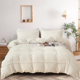 Fondream Beige Duvet Cover Set Double Size Pompom Tassels Design Bedding Sets Soft and Lightweight Microfiber Duvet Cover(Beige, 3PCS)