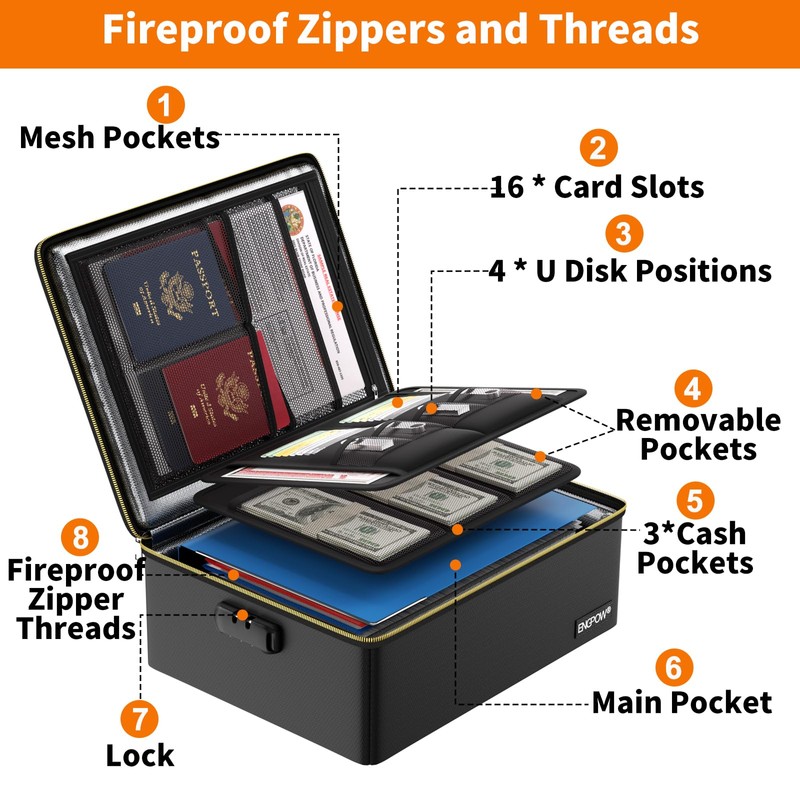 ENGPOW Fireproof Document Box,Hard Fireproof Box with Fireproof Zipper＆Lock,Fireproof Water