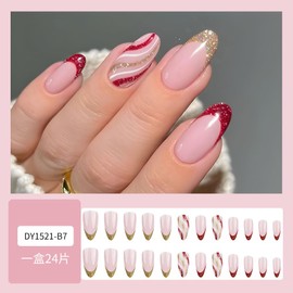Christmas Press on Nails Medium Almond Fake Nails Red French Tip Glue On Nails Gold Glitter Stick on Nails Swirl Line False Nails Glossy Artificial Reusable Nails for Women Girls Manicure 24pcs