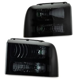 GRAND ORANGE Headlights Assembly Compatible with 2005-2007 Ford F250 F350 F450 F550 Super Duty/Fit 2005 Ford Excursion Headlamp Driver & Passenger Side Smoke lens Black Houing Clear Reflector