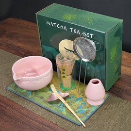6 Pack Matcha Whisk Set, Japanese Tea Set Includes Matcha Bowl with Spout, Bamboo Matcha Whisk and Scoop, Matcha Whisk Holder, Stainless Steel Sifter, Scoop Stand, Matcha Kit for Matcha Love (Pink)