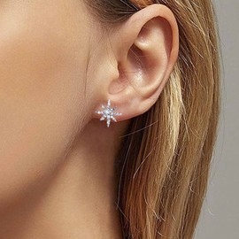 Aneneiceera Vintage Crystal Northstar Stud Earrings Silver Rhinestone Star Earrings Boho Starburst Earrings Minimalist Celestial Earrings Jewelry for Women and Girls