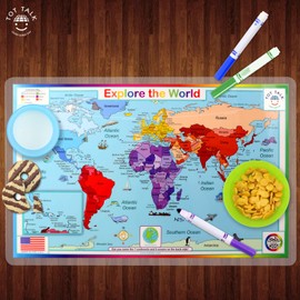 Tot Talk Explore The World Educational Placemat for Kids – Made in USA – Durable, Double-Sided, World Map Showing Continents, Countries, & Oceans – Waterproof, Wipeable, 17.5” x 11.5”