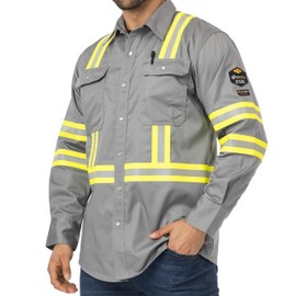 JKSafety 7.5oz FR Shirts for Men Women NFPA 70E 2112 ARC 2 Flame Resistant Welding Shirt Fire Retardant Shirts FR Clothing Hi Vis Reflective High Visibility Western Welder Shirt (100R2-Grey S)