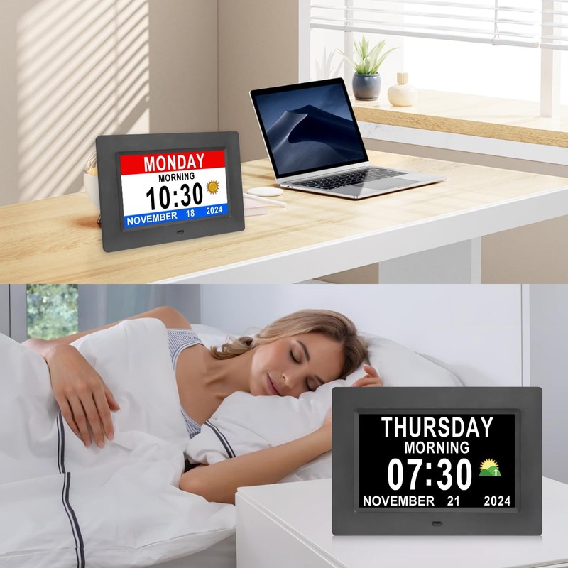 SSINI Digital Calendar Dementia Alarm Clock with Day and Date