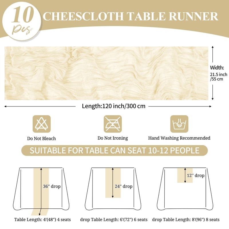 10 Pack Ivory Cheesecloth Table Runner 20 x 120 Inch