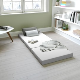 Flash Furniture Cloud Tri-Fold Cooling Memory Foam Mattress, Portable Mattress in a Box, CertiPUR-US Certified Foam, 4", Cot, White