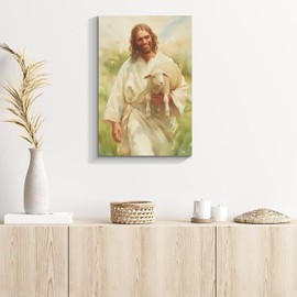BANHUA1 Jesus and Lamb Canvas Wall Painting Jesus Holding Lost Lamb Picture Mural Canvas Print Christian Home Decor for Living Room Bedroom Home Office Artwork Easy to Hang 24"x32"