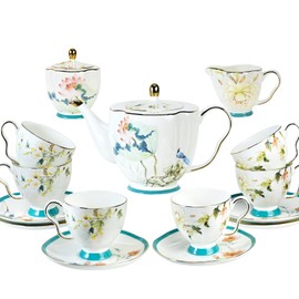 LE POTOCIO Bone China Tea Set for Adults, Porcelain Tea Set for 6, Tea Set With Teapot Creamer Pitcher Sugar Bowl, Vintage Floral Tea Party Sets for Women Gift (Blue)