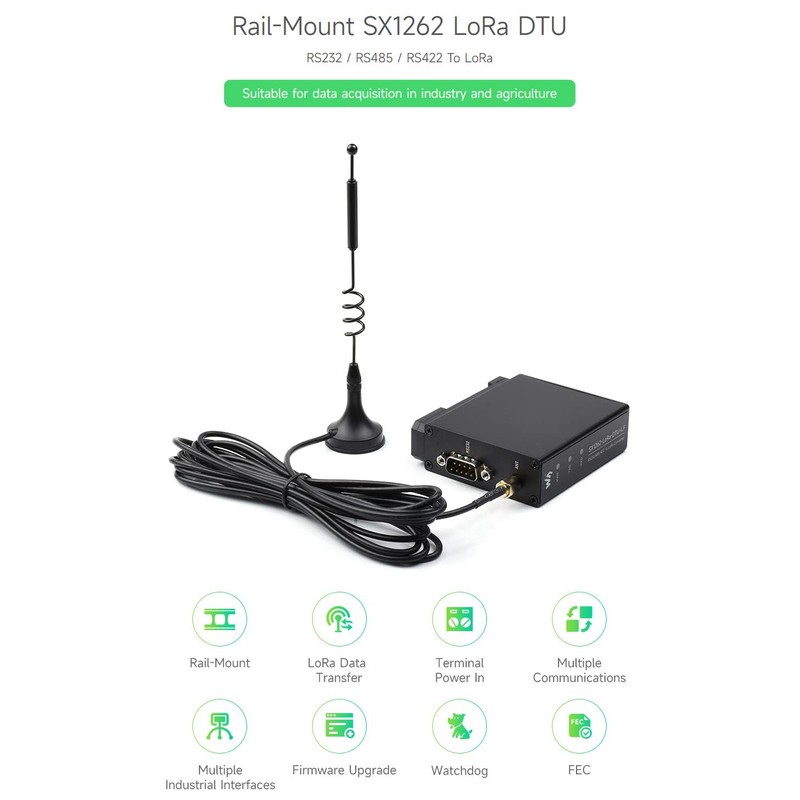 Waveshare Rail-Mount SX1262 LoRa Data Transfer Unit, RS232/RS485/RS422 to LoRa,