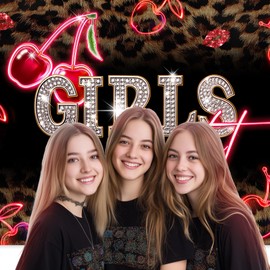 Ufeela Girls Night Backdrop 7Wx5H Feet Leopard Print Neon Red Cherry Lips Birthday Decor Vintage Cheetah Fashion Woman Girly Fabric Polyester Photography Background Banner Photo Shoot Decor Prop